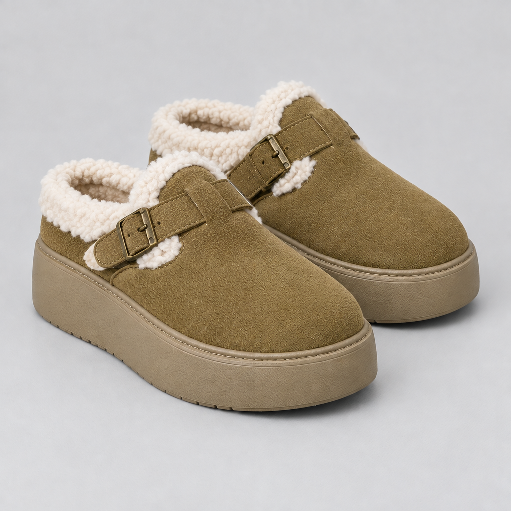 Women's suede fleece-lined platform buckle-strap shoes