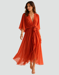 Diane | Elegant Wrap Neckline Midi Dress with Waist Tie