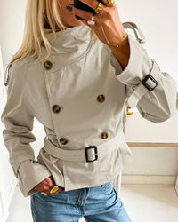 Cropped Belted Trench Coat with Double-Breasted Button Front