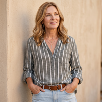 Harriet | Striped Linen V-Neck Blouse with Chest Pocket