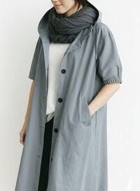 Relaxed Hooded Trench Coat with Puff Sleeves and Button Closure