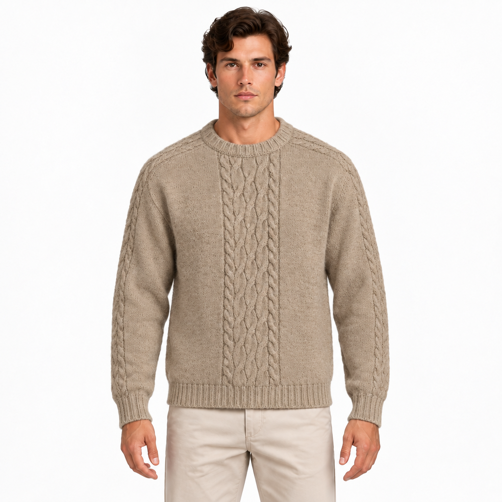 Men's beige cable knit crew neck jumper — front view