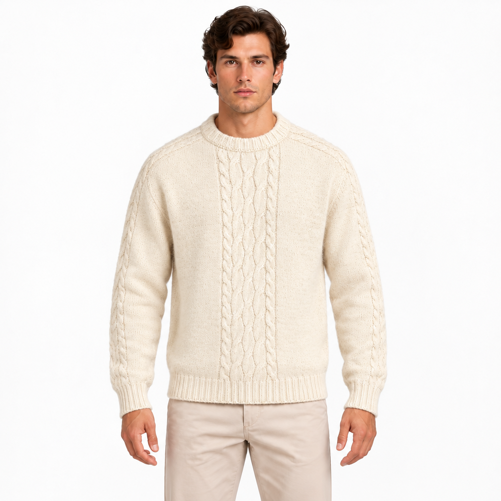 Men's cream cable knit crew neck jumper — front view
