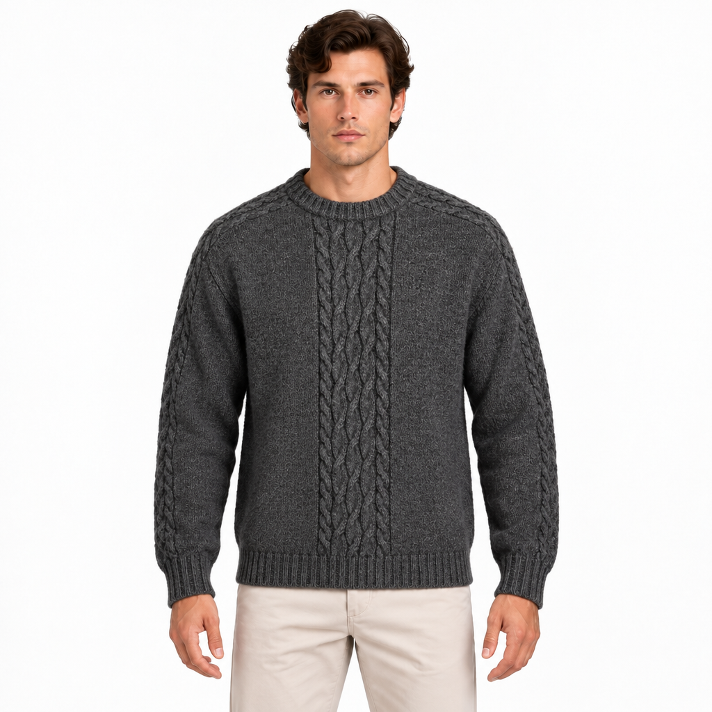 Men's grey cable knit crew neck jumper — front view