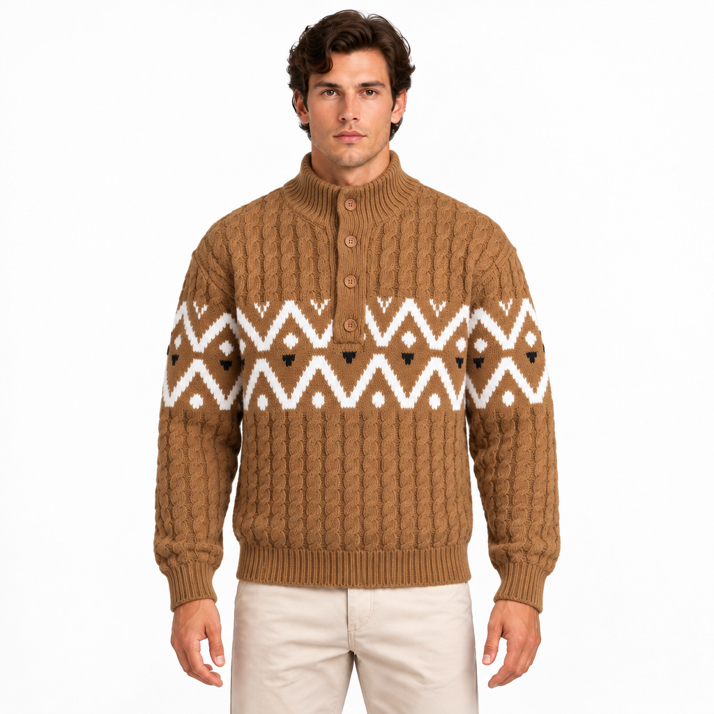 Men's brown cable knit jumper with white Nordic pattern and half-button neckline — front view