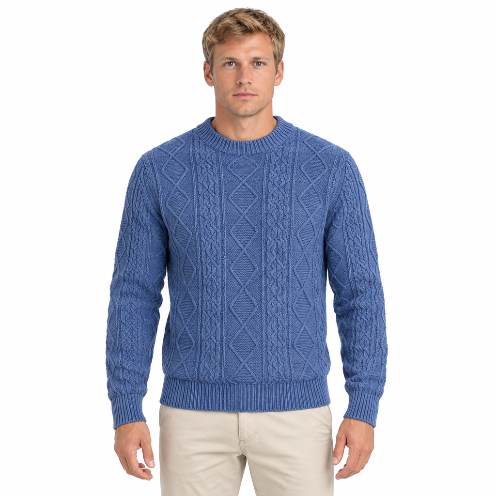 Men's blue cable knit crew neck jumper — front view