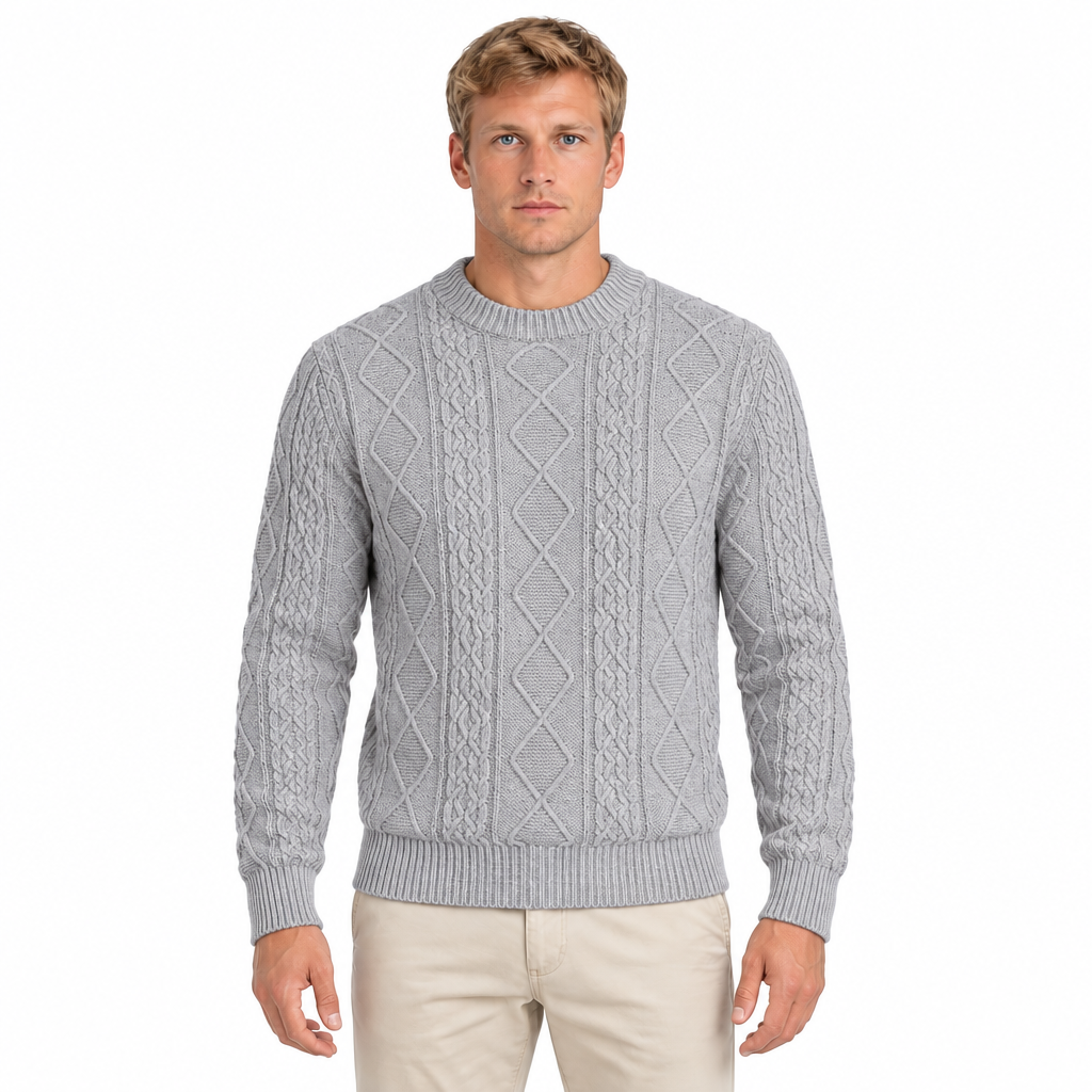 Men's gray cable knit crew neck jumper — front view