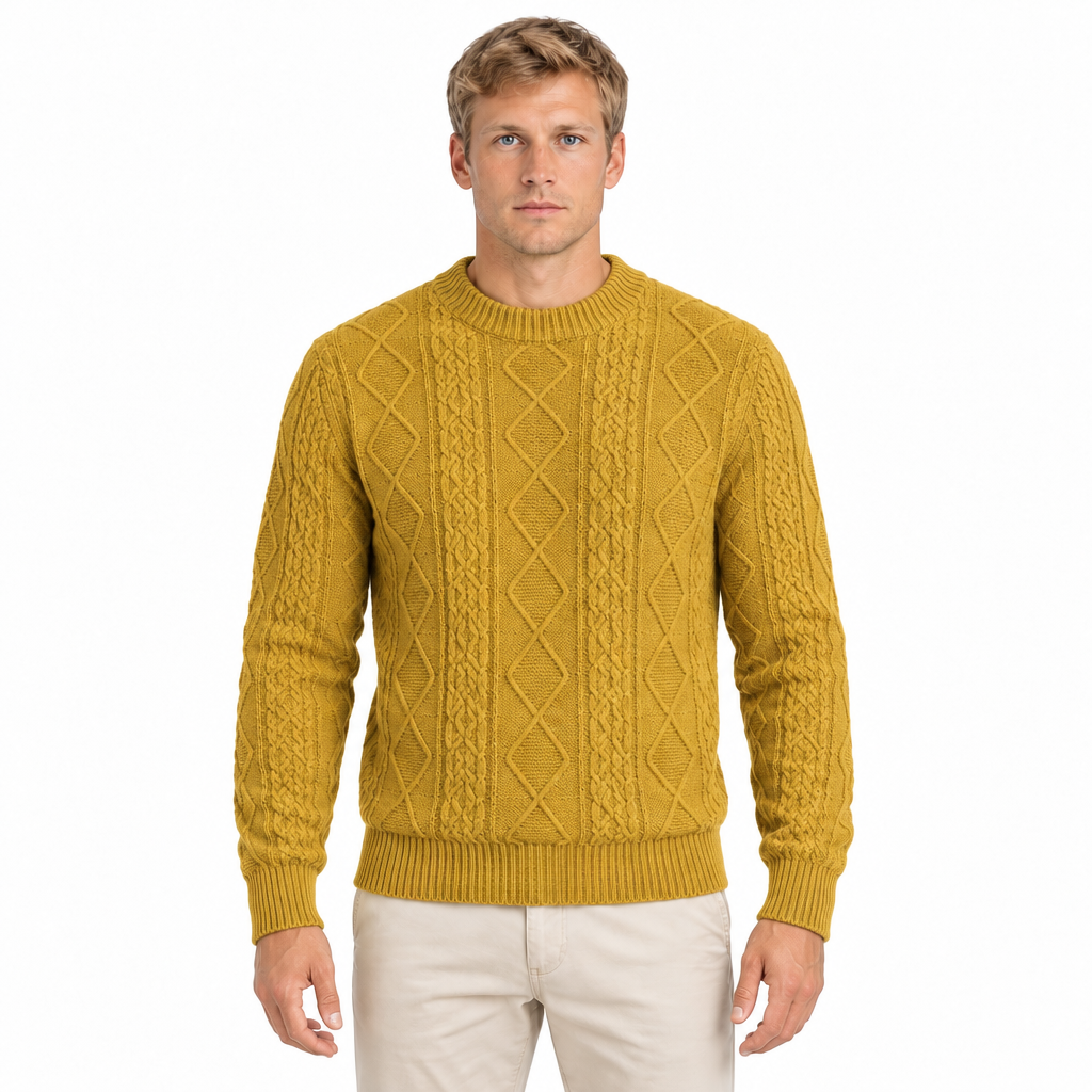 Men's yellow cable knit crew neck jumper — front view