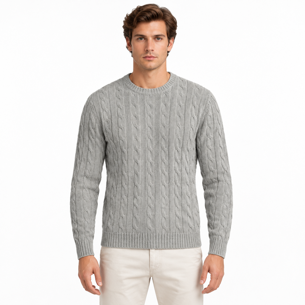 Men's light grey cable knit crew neck jumper with long sleeves — front view