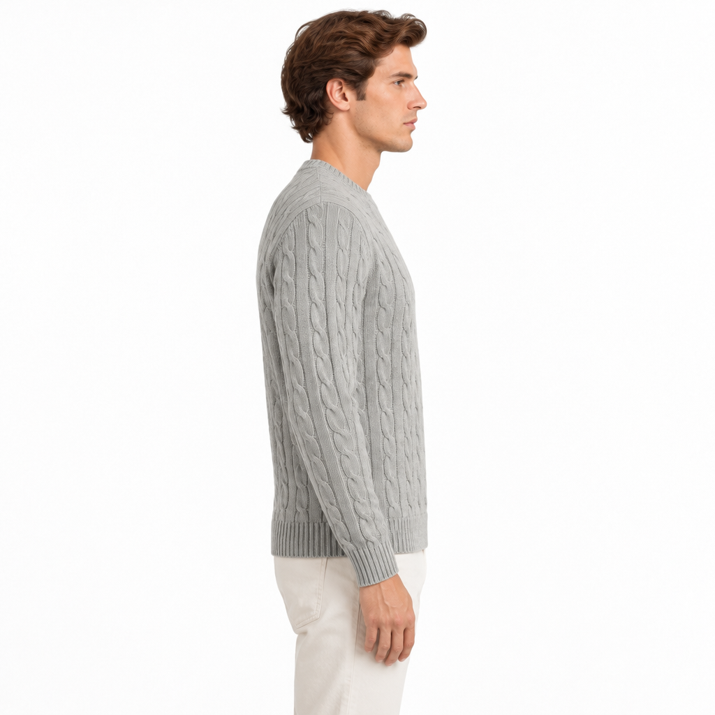 Men's light grey cable knit crew neck jumper with long sleeves — side view