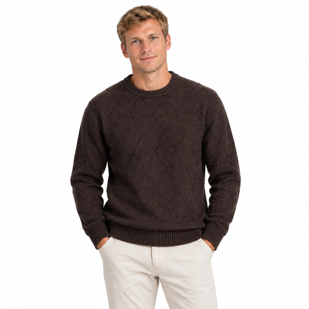 Men's brown diamond knit crew neck jumper with ribbed trims — front view
