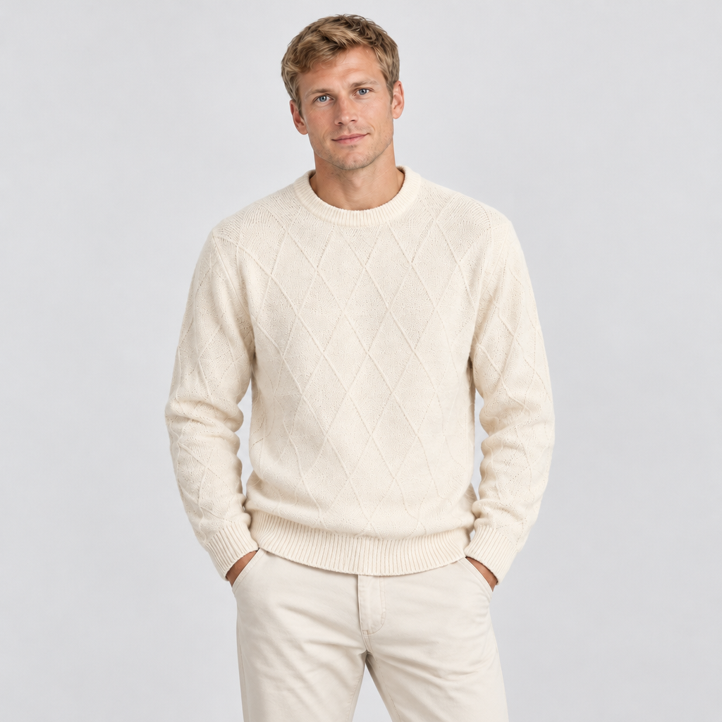 Men's cream diamond knit crew neck jumper with ribbed trims — front view
