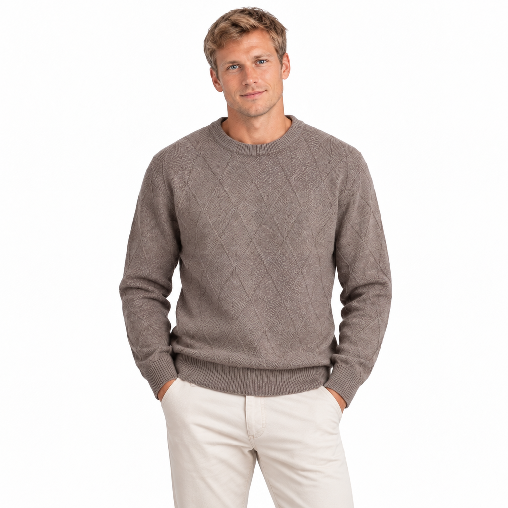 Men's grey diamond knit crew neck jumper with ribbed trims — front view