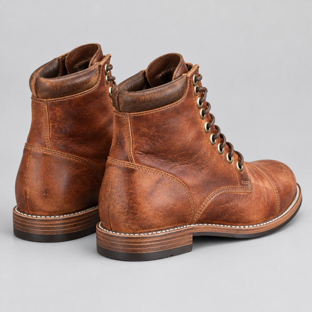 Men's light brown distressed leather mid-top casual lace-up boots, rear three quarter view