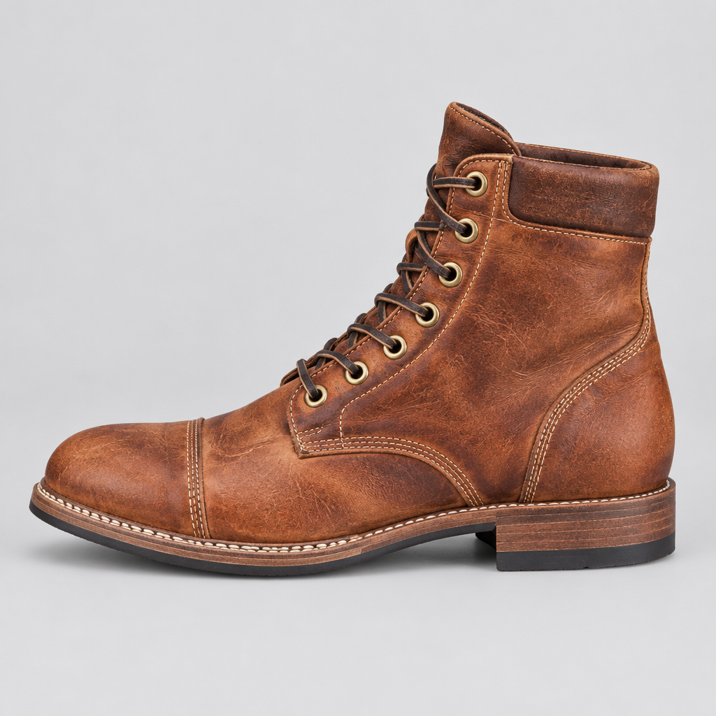 Men's light brown distressed leather mid-top casual lace-up boots, side view