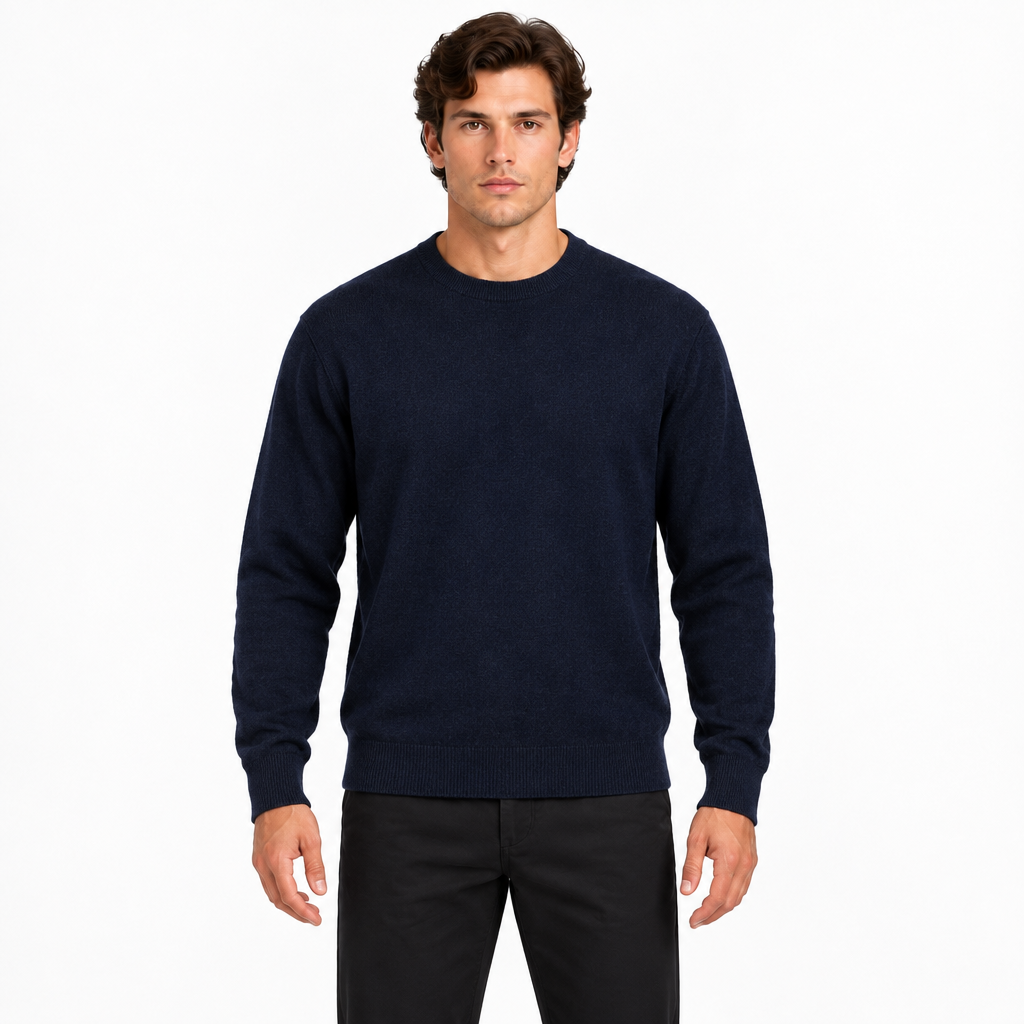 Men's navy lightweight relaxed fit crew neck knit jumper — front view