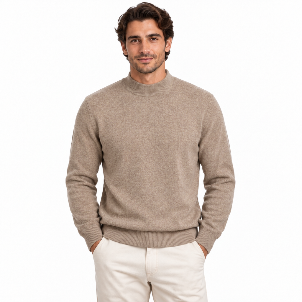 Men's brown mock neck long sleeve knit jumper — front view