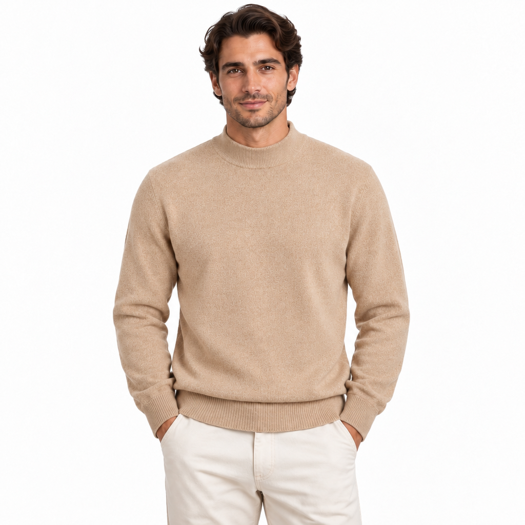 Men's cream mock neck long sleeve knit jumper — front view