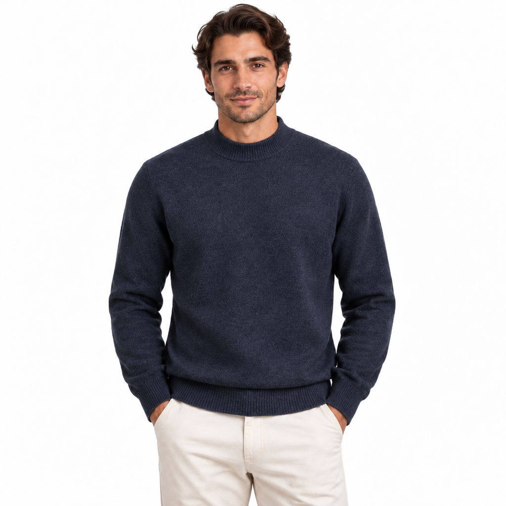 Men's navy mock neck long sleeve knit jumper — front view
