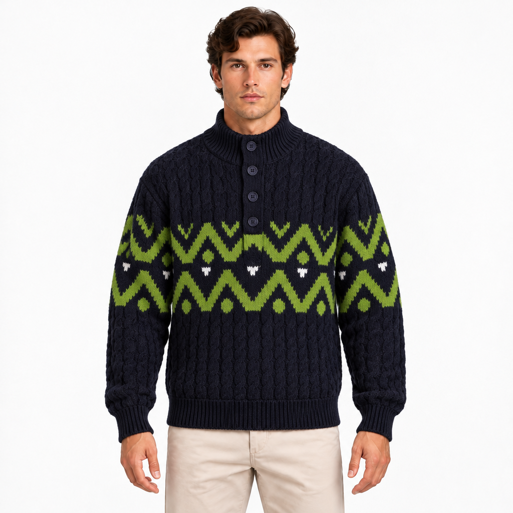 Men's navy cable knit jumper with green Nordic pattern and half-button neckline — front view