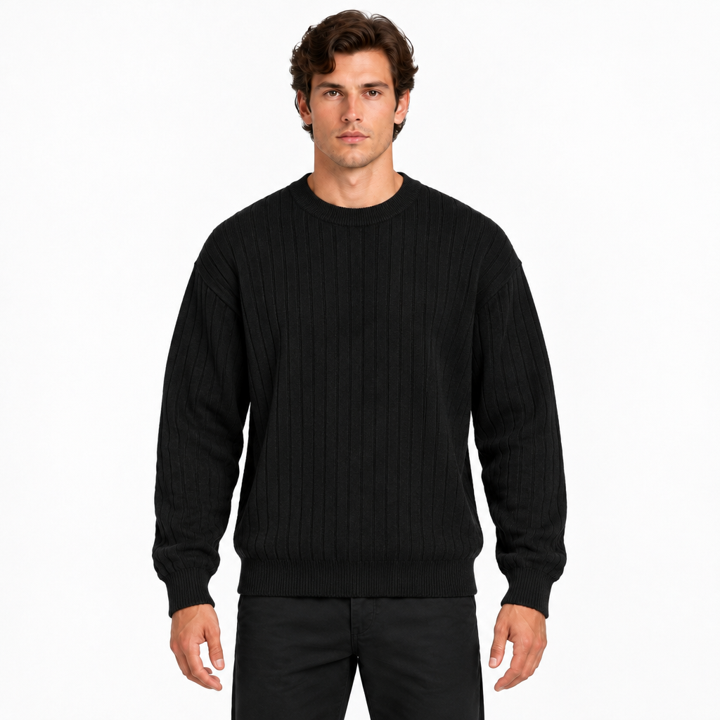 Men's black ribbed crew neck long sleeve knit jumper — front view