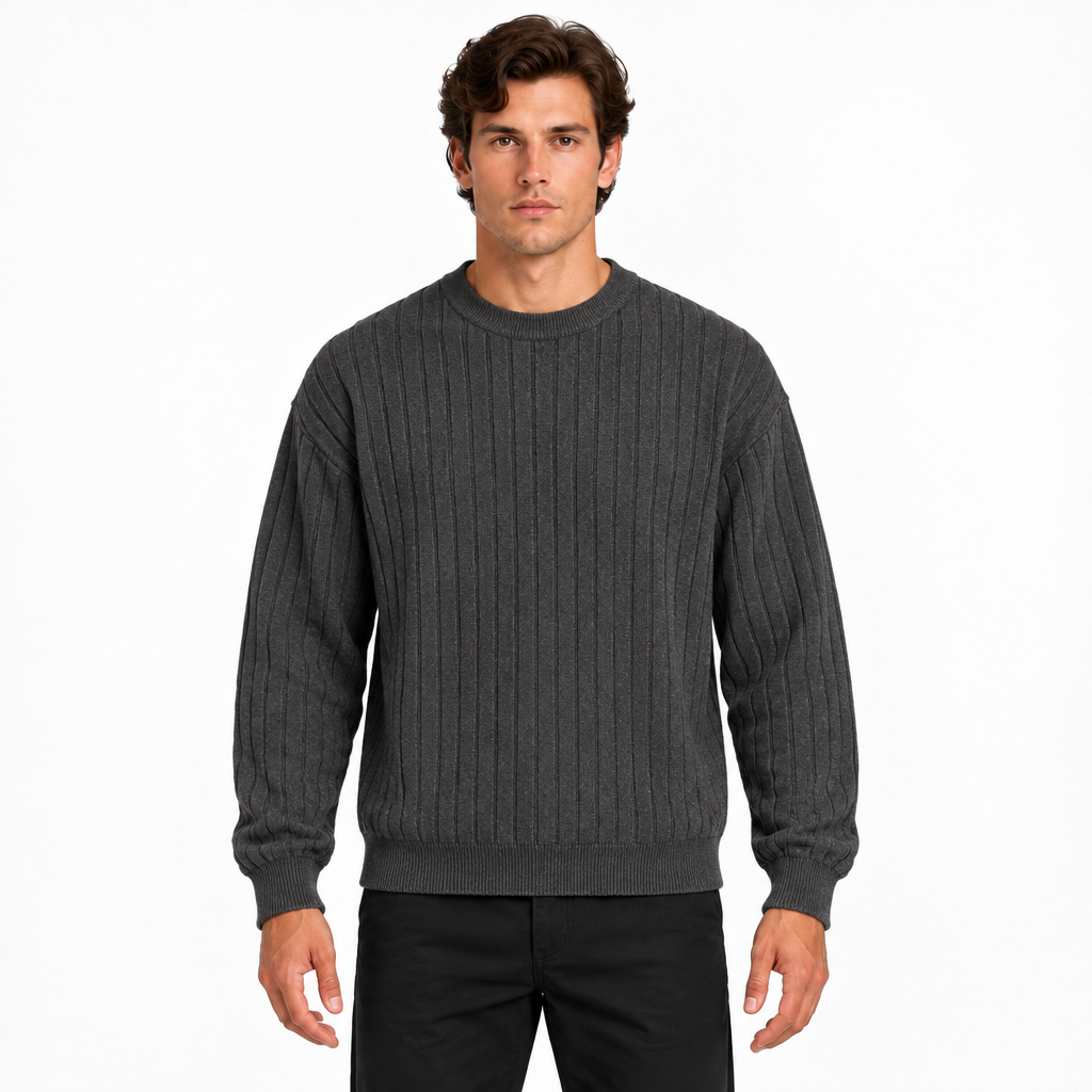 Men's grey ribbed crew neck long sleeve knit jumper — front view