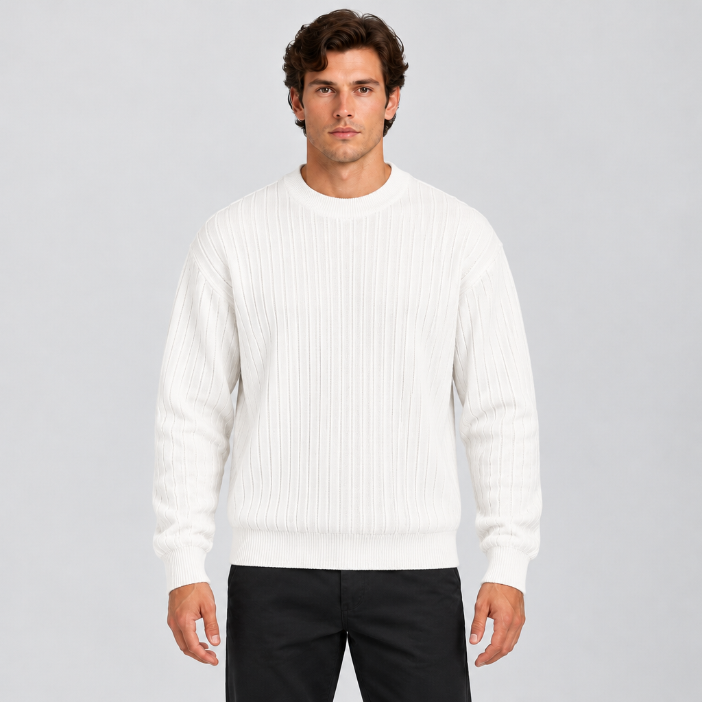 Men's white ribbed crew neck long sleeve knit jumper — front view