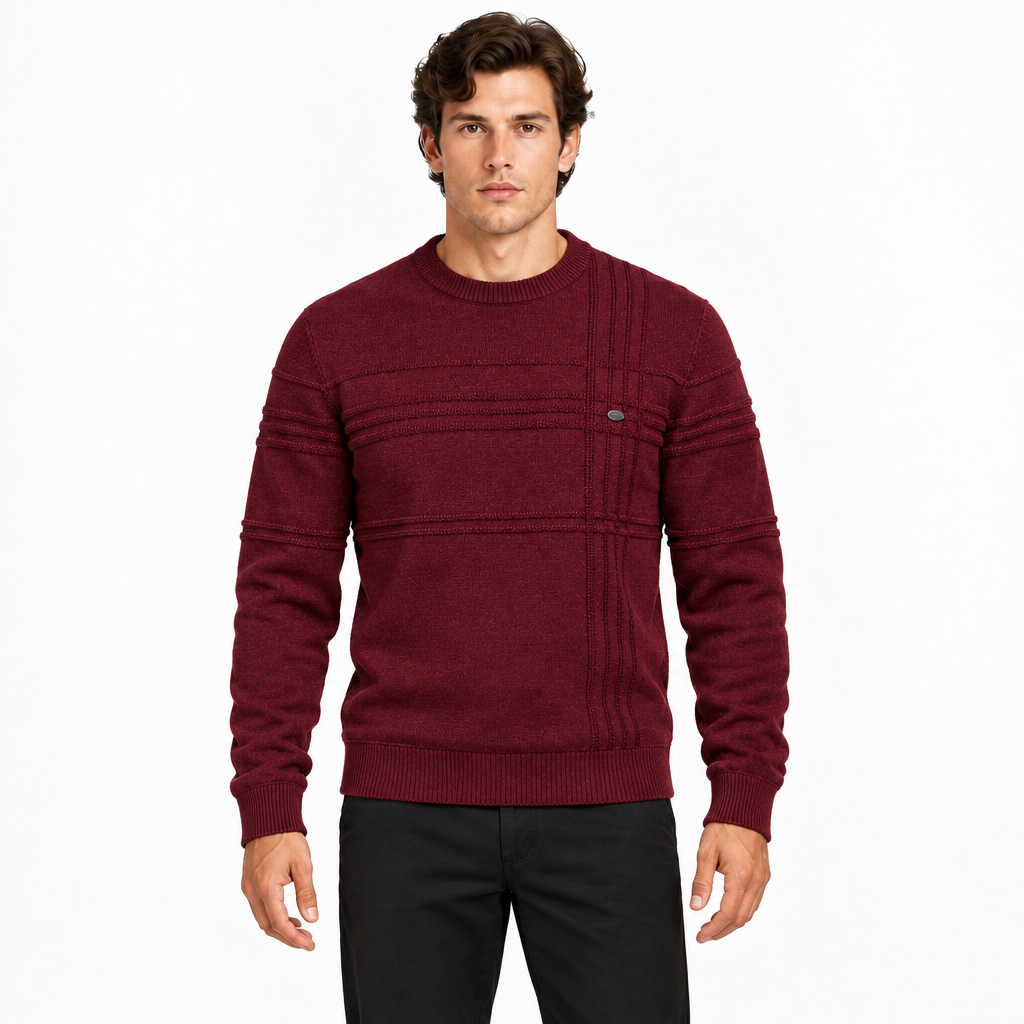 Men's bordeaux textured crew neck knitted jumper with long sleeves — front view