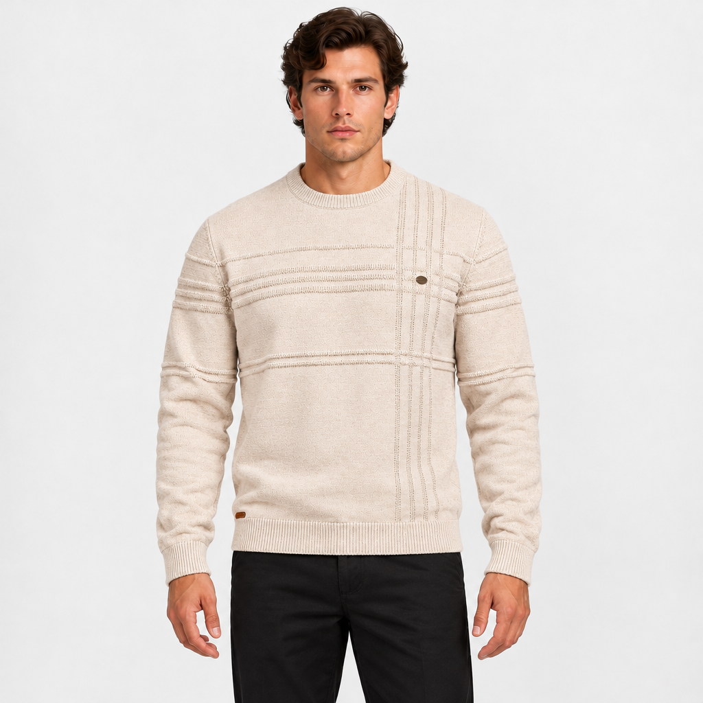 Men's cream textured crew neck knitted jumper with long sleeves — front view