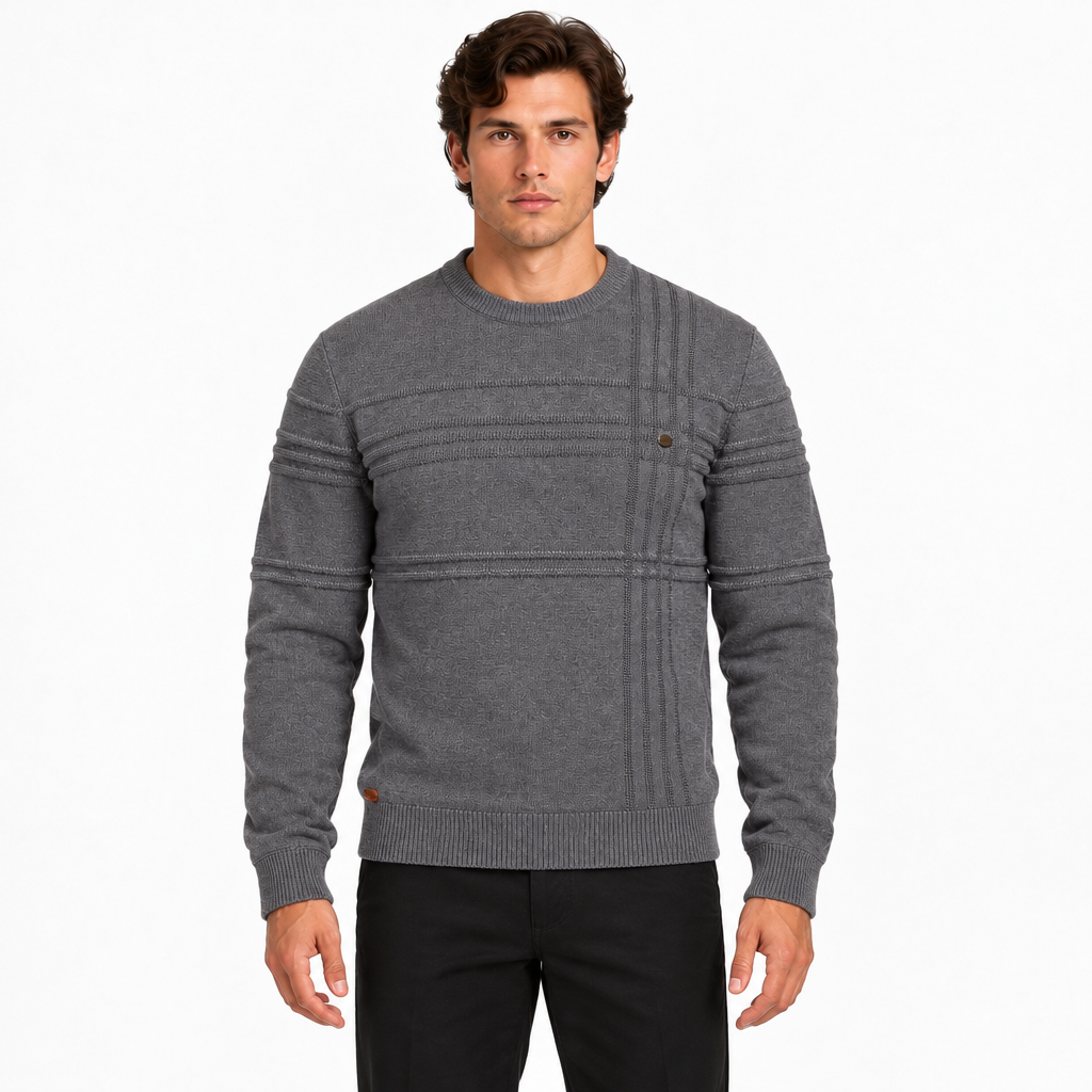 Men's gray textured crew neck knitted jumper with long sleeves — front view