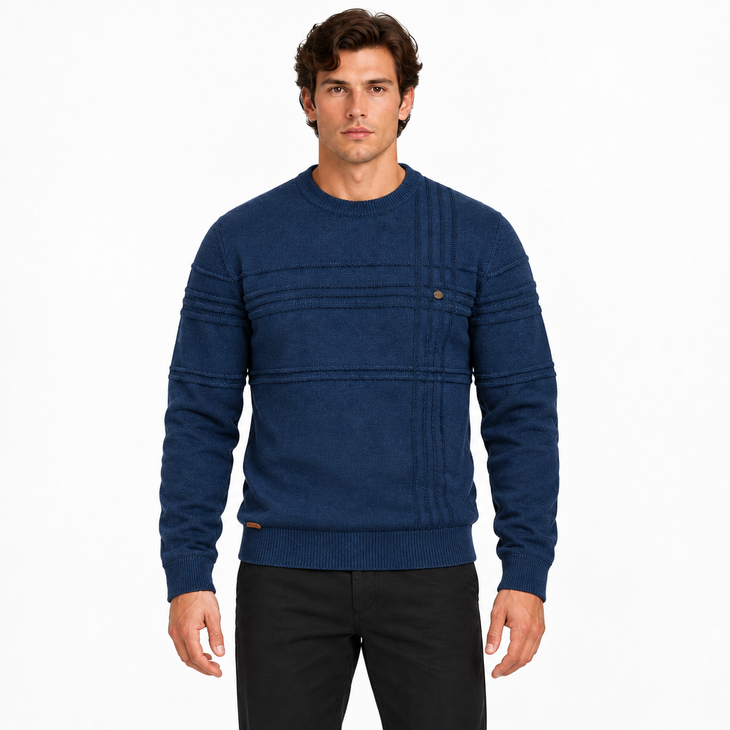 Men's navy textured crew neck knitted jumper with long sleeves — front view
