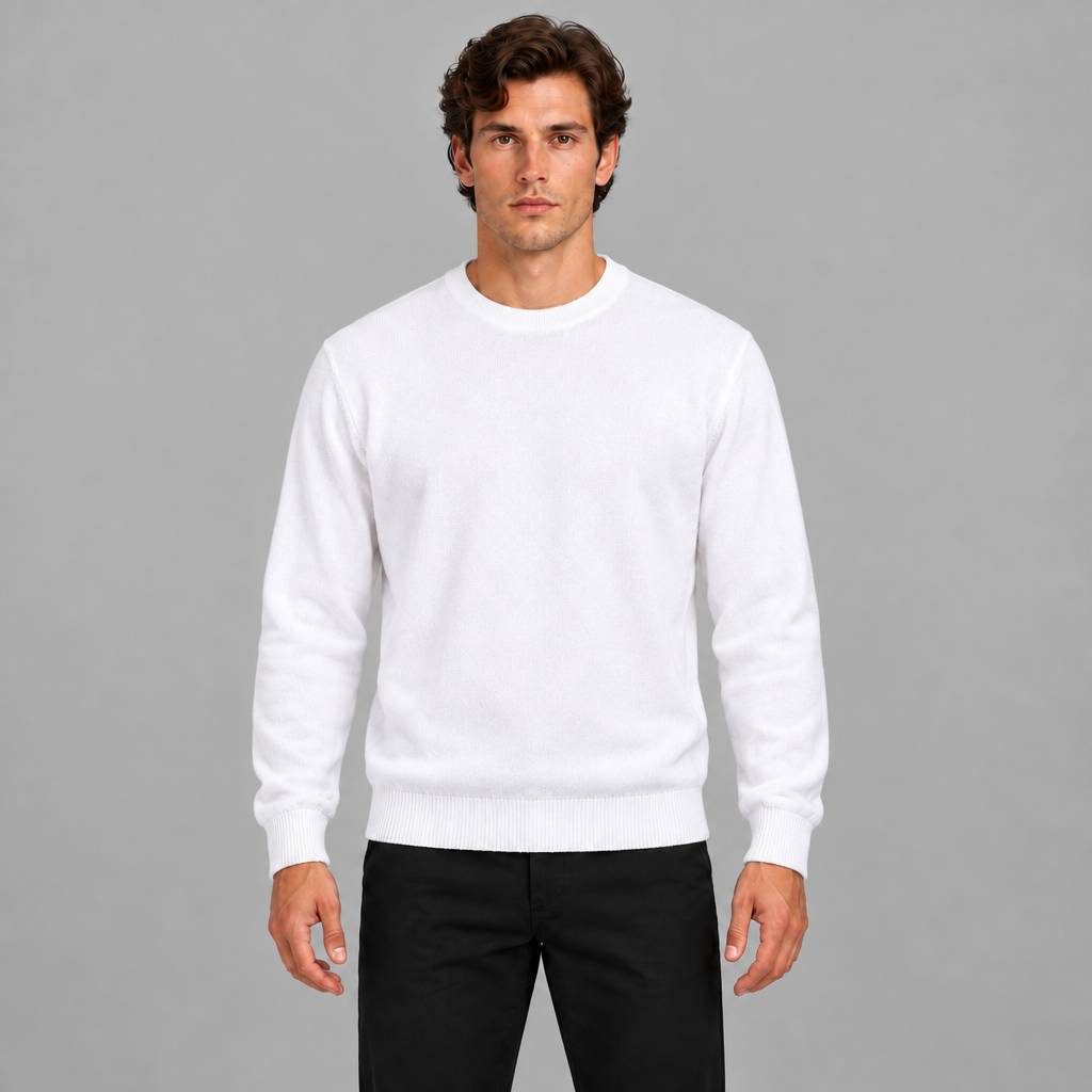 Men's white lightweight relaxed fit crew neck knit jumper, front view against a grey background