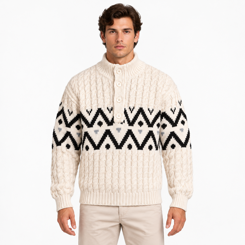 Men's white cable knit jumper with Nordic pattern and half-button neckline — front view