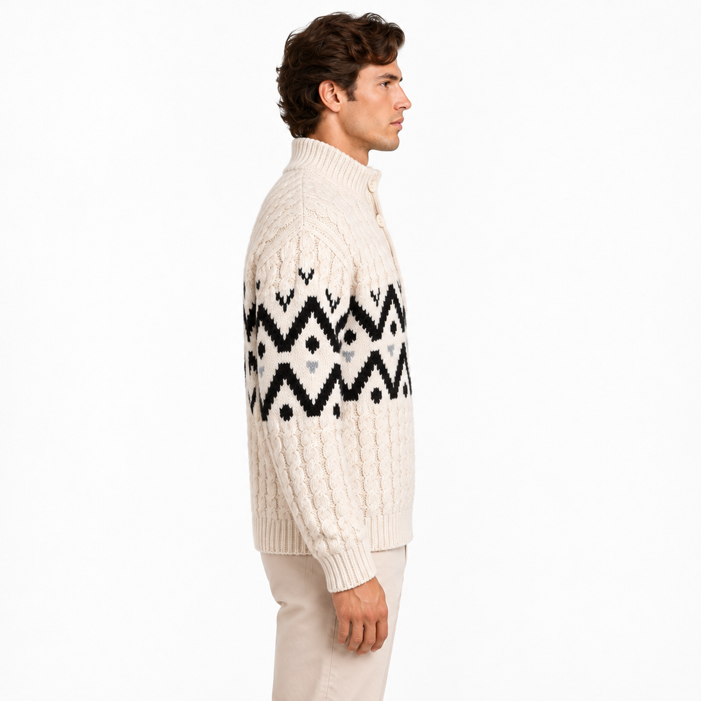 Men's white cable knit jumper with Nordic pattern and half-button neckline — side view
