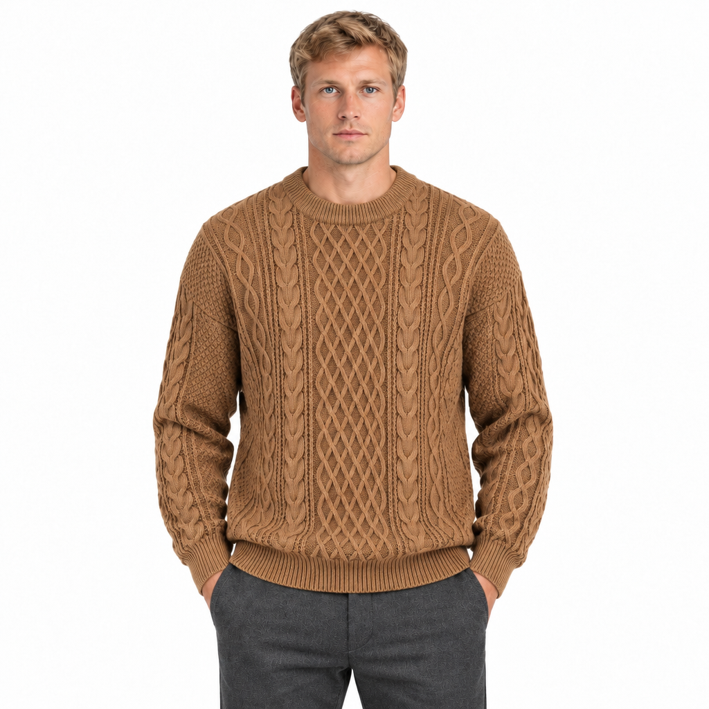 Men's khaki cable knit crew neck jumper — front view, model with hands in trouser pockets