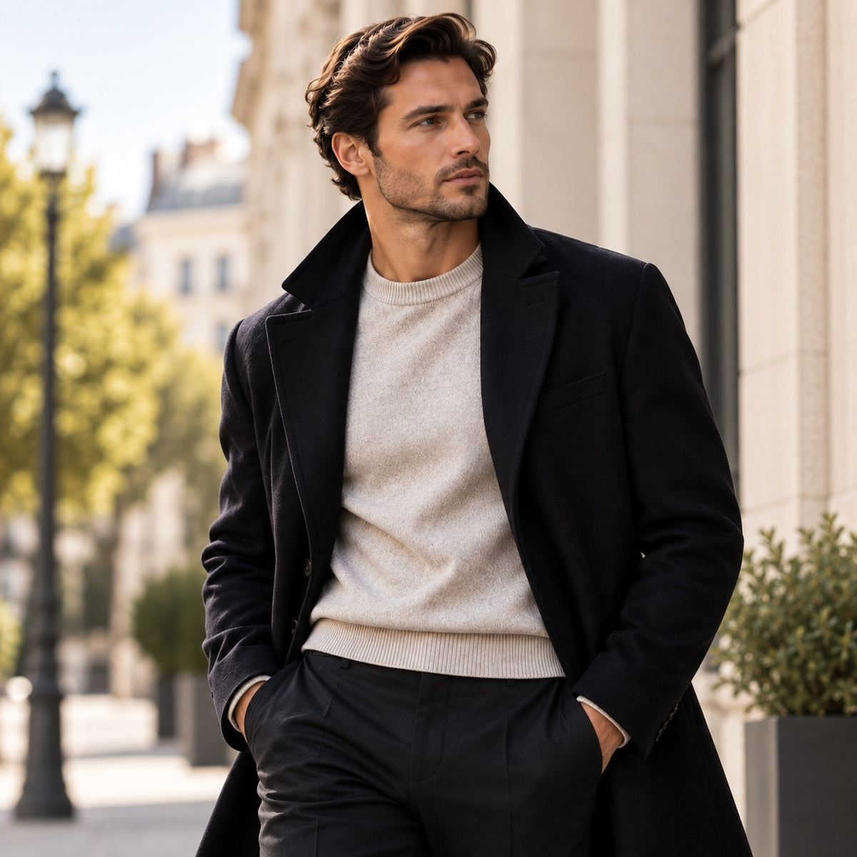 A man wearing a black wool-blend overcoat over a beige knit sweater and dark trousers, standing outdoors on a city street with blurred buildings and trees in the background.